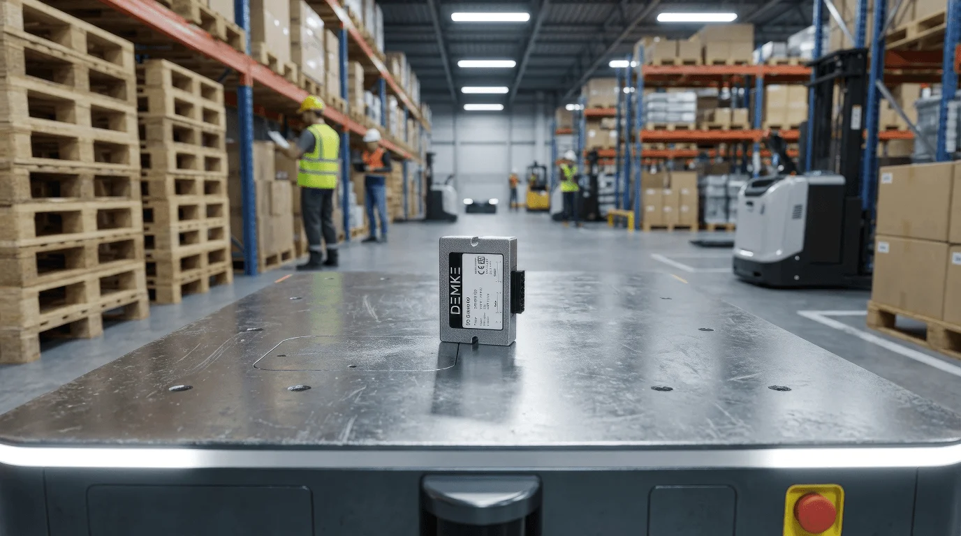 DC/DC converter on an automated guided vehicle in a modern warehouse with AGVs and AMRs