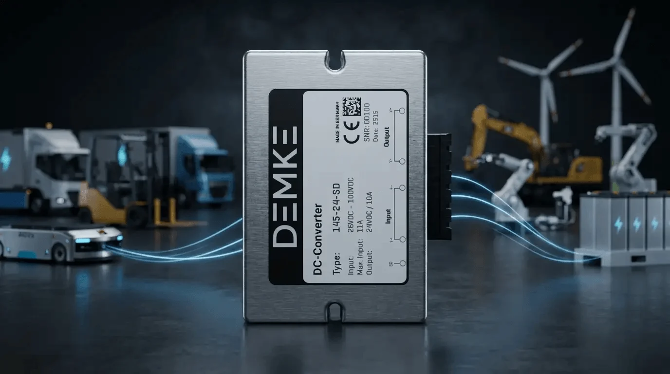 Demke DC/DC converter 145-24-SD for vehicles, robotics, battery systems, wind energy and other applications in the background