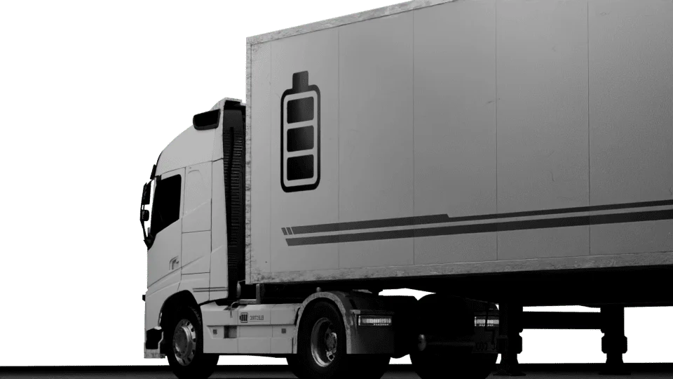 Electric truck with battery symbol for e-mobility and DC/DC converters