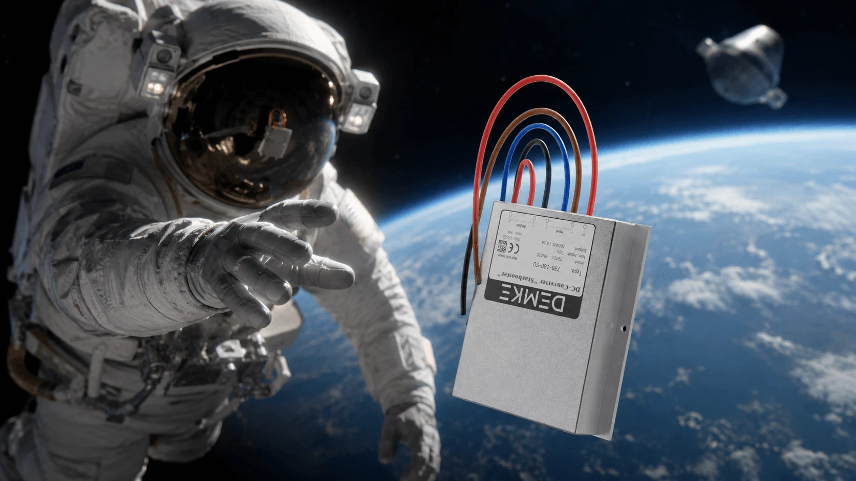 Astronaut in space next to a floating Demke DC/DC converter in front of the Earth