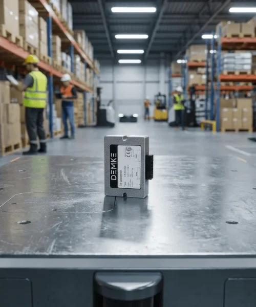 DC/DC converter on an automated guided vehicle in a modern warehouse with AGVs and AMRs