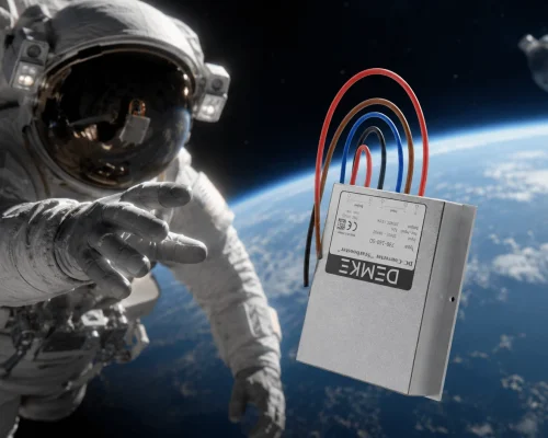 Astronaut in space next to a floating Demke DC/DC converter in front of the Earth